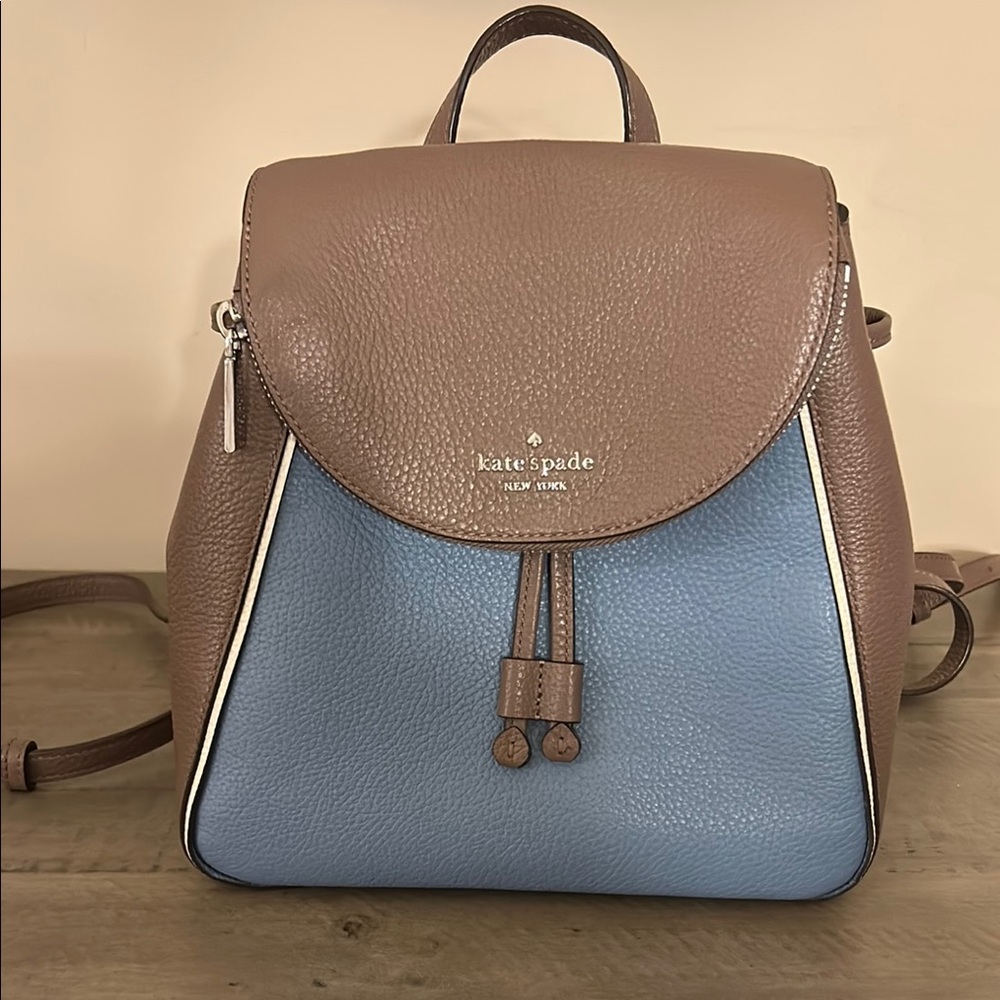 Kate Spade Leila medium flap Brown and Blue Backpack with Minimalist Design